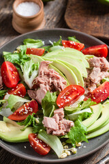 Salad with tuna, avocado and tomatoes in a bowl