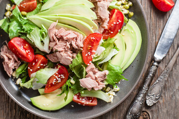 Salad with tuna, avocado and tomatoes in a bowl