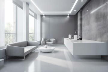 Gray White Urban Contemporary Modern Minimalism High-tech Reception Waiting Room in Office Interior Design. 3d rendering. Generative AI