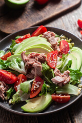 Salad with tuna, avocado and tomatoes in a bowl