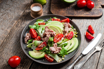 Salad with tuna, avocado and tomatoes in a bowl