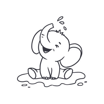 Cute baby elephant poured water from his  trunk. Coloring book.Doodle style. Kids vector illustration. 