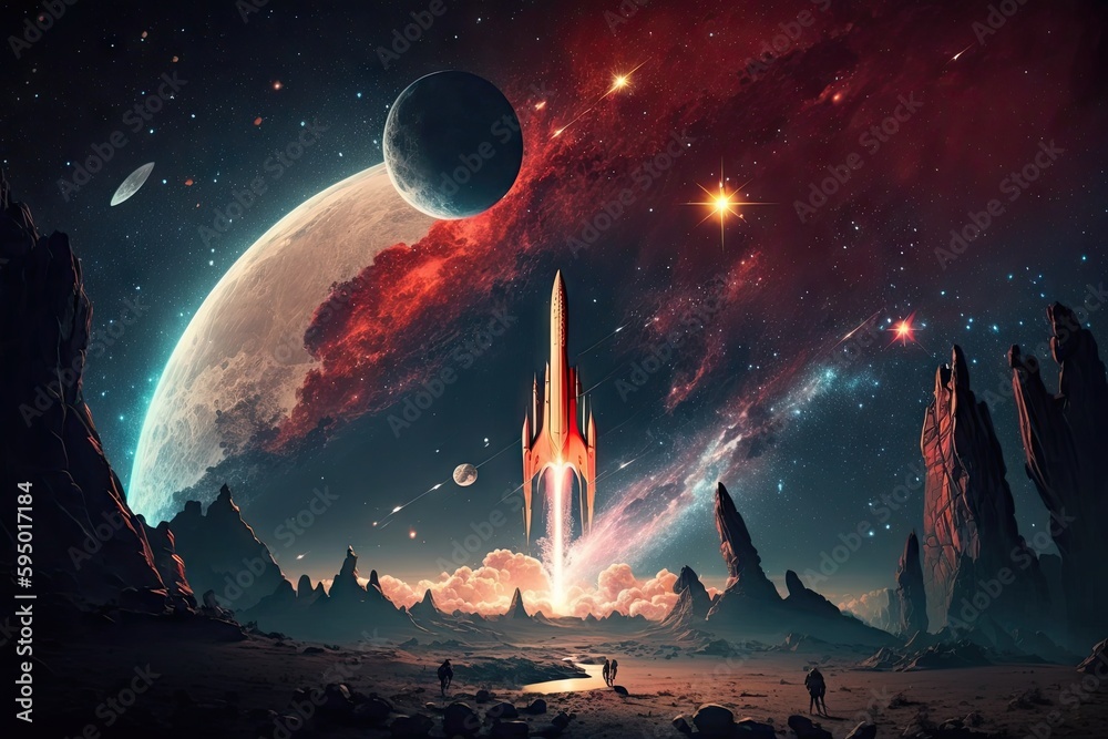Wall mural rocket launch with view of the stars and planets in the night sky, created with generative ai