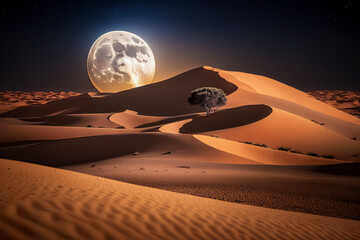 Fototapeta na wymiar Under the Lunar Spell: Exploring the Mystical Beauty of Sahara by Night, ai generative