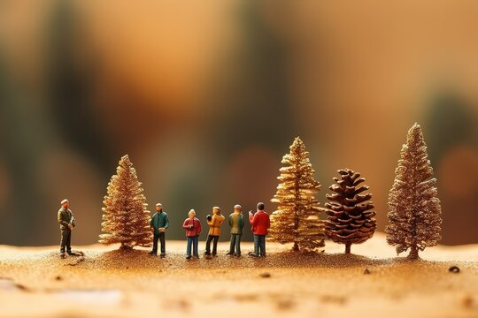 Miniature people standing, xmas bells, trees, generative AI