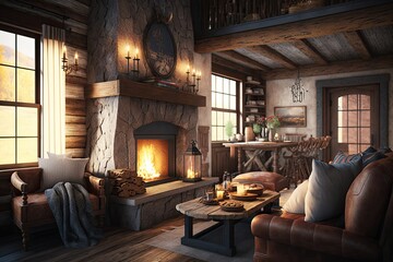warm and cozy interior with fireplace, wooden d꧃挀漀爀Ⰰ 愀渀搀 瀀氀甀猀栀 猀攀愀琀椀渀最Ⰰ 挀爀攀愀琀攀搀 眀椀琀栀 最攀渀攀爀愀琀椀瘀攀 愀椀� - obrazy, fototapety, plakaty