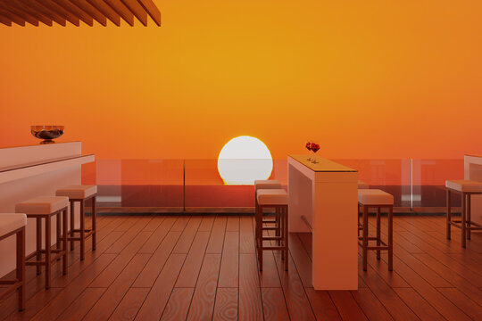 3D illustration of a rooftop bar with sunset and ocean view