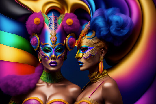 Divas in glamorous dresses with beautiful hairstyles and make-up for show. Two fabulous drag queens with style, elegance and glamour. Generative ai