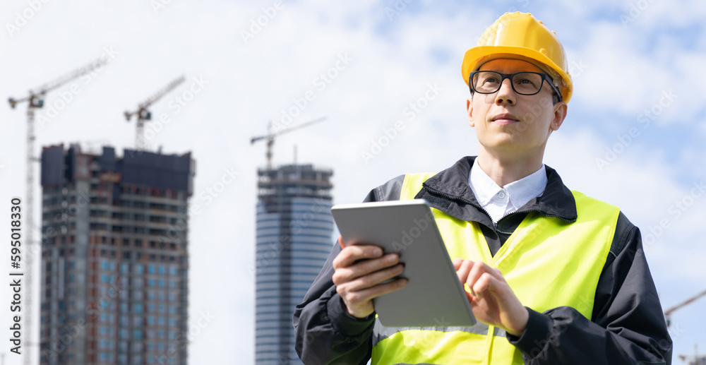 Poster Engineer with a digital tablet on the background of a building under construction	