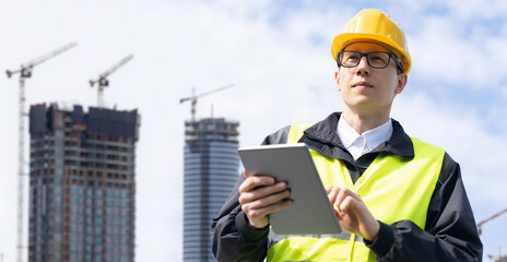 Engineer with a digital tablet on the background of a building under construction	