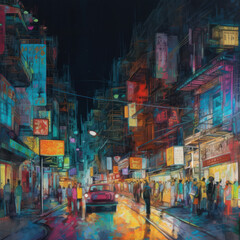 A vibrant city street at night colorful lights, Generative AI