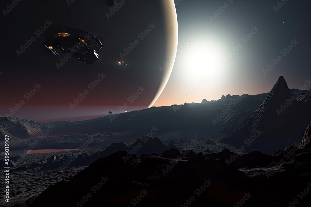 Wall mural view of distant planet, with spacecraft in the foreground, created with generative ai