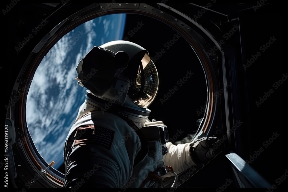 Sticker astronaut, surrounded by the vastness of space, looking through the window of spaceship, created wit