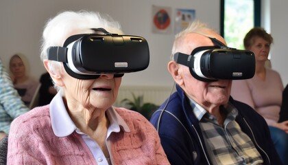 Modern Aging, elderly people using virtual reality  glasses, Generative AI