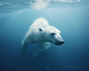 Underwater image of a polar bear swimming towards viewer.