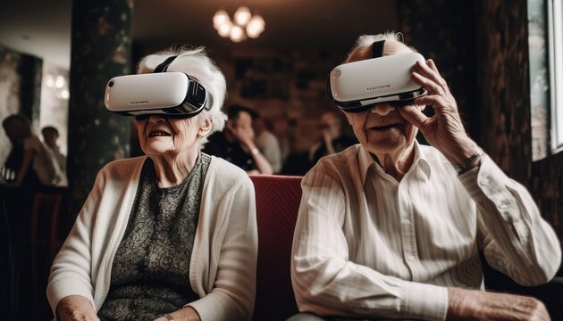 Modern Aging, elderly using VR glasses, Generative AI