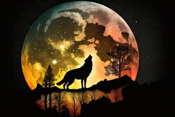silhouette of wolf howling against the moon, created with generative ai