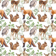Watercolor seamless pattern with forest animals and plants. Fox, hare, squirrel, deer, owl and greens. Print for children's room, wallpaper, textile, wrapping paper