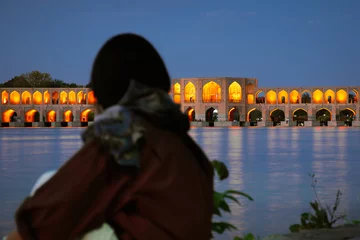 Cercles muraux Pont Khadjou Isfahan, Iran - 15th june, 2022: tourist visit look at famous travel destination in Iran - Old Khajoo bridge, across the Zayandeh River in Isfahan, Iran.