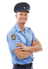 Police officer portrait, arms crossed and man with a smile for justice isolated on a transparent png background. Security, law and professional compliance person in uniform for public service