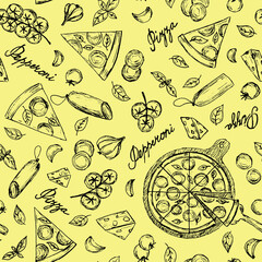 Hand illustrated seamless pattern with pepperoni pizza slices, round on a tray, tomatoes, salami, basil and garlic.Handwritten words "pepperoni pizza".Fast street food background.