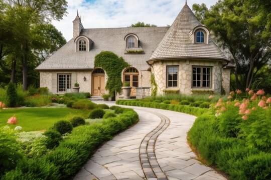 French Country House Exterior With Overgrown Lawn And Winding Path Leading To The Front Door, Created With Generative Ai