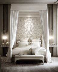Elegant bedroom with a luxurious white canopy bed, and lace details , and intricate designs, offering tranquility, comfort, and sophisticated relaxation. Generative AI
