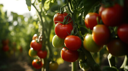 Obraz premium red tomatoes in a greenhouse . generative AI