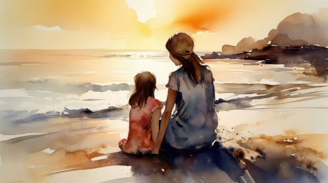 view from the back of mother and daughter sitting by the sea . generative AI