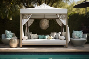 glamorous poolside cabana with chaise lounge and cocktail shaker, created with generative ai