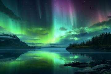 Pretty aurora in the night sky reflecting on the water, digital concept art. Night landscape, intense color. Generative AI