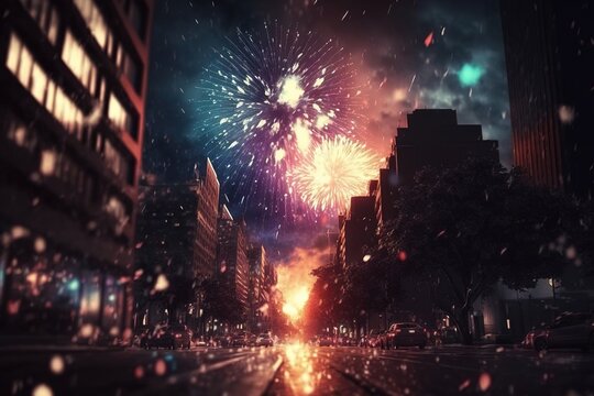 City view with beautiful fireworks. fireworks in the night sky. Generative AI