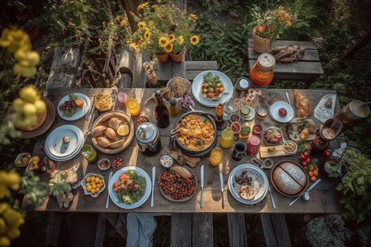 food and drinks on a wooden table in garden in the , Generative AI