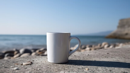 cup of coffee on the beach . generative AI