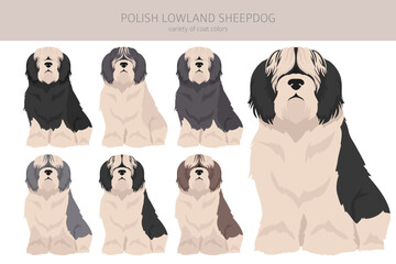 Polish lowland sheepdog clipart. Different poses, coat colors set