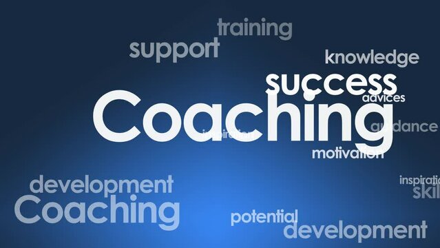 Coaching development training success skills words tag cloud video animation blue background white text
