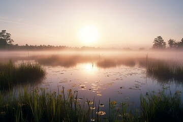 Misty Sunrise over the Serene Waters of Florida's Everglades Swamp. Generative AI