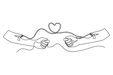 Continuous one line drawing one hand donates blood to the other forming a heart. World blood day concept. Single line draw design vector graphic illustration.