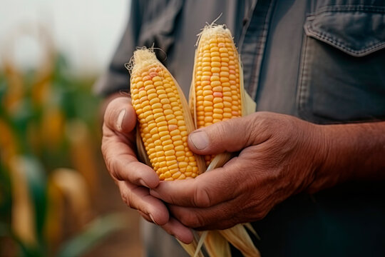 A man holds corn in front of a ripening field. Farmer's hands close up. The concept of planting and harvesting a rich harvest.