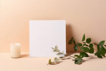 White Square Greeting Card Mockup with Boxwood and Light Yellow Beige Leaves Design