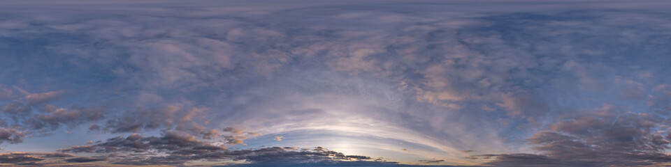 sunset skydome with evening clouds as seamless hdri 360 panorama view in spherical equirectangular format for use in 3d graphics or game development as sky dome or edit drone shot