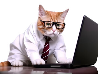 Cute busy cat with glasses. Concept of pet officer, business or office hours.