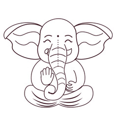Little cute Ganesh, religious traditional god elephant outline drawing in cartoon character isolated on white background.