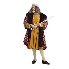 King, royalty and power of royal man with sword and leadership with luxury fashion. Victorian, vintage crown and mature male with a costume of a leader isolated on a transparent, png background