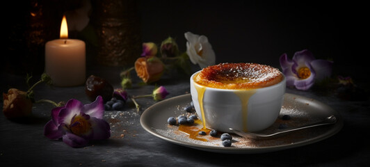 Obraz na płótnie Canvas Crème brûlée on the table with flowers and candle. Generative AI. 