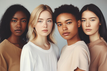 Fototapeta premium Portrait of a group of young beautiful mixed race women AI generative art