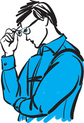 Fototapeta premium tired sad worried stressed man young with glasses vector illustration