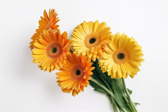 Bouquet of tall long stalk of gerbera daisy daisies flowers plant with leaves isolated on white background. Flat lay, top view, copy space. Generative AI