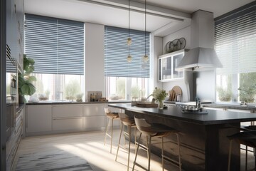 a sunny kitchen, with automated blinds and shades filtering the light and providing privacy, created with generative ai - obrazy, fototapety, plakaty