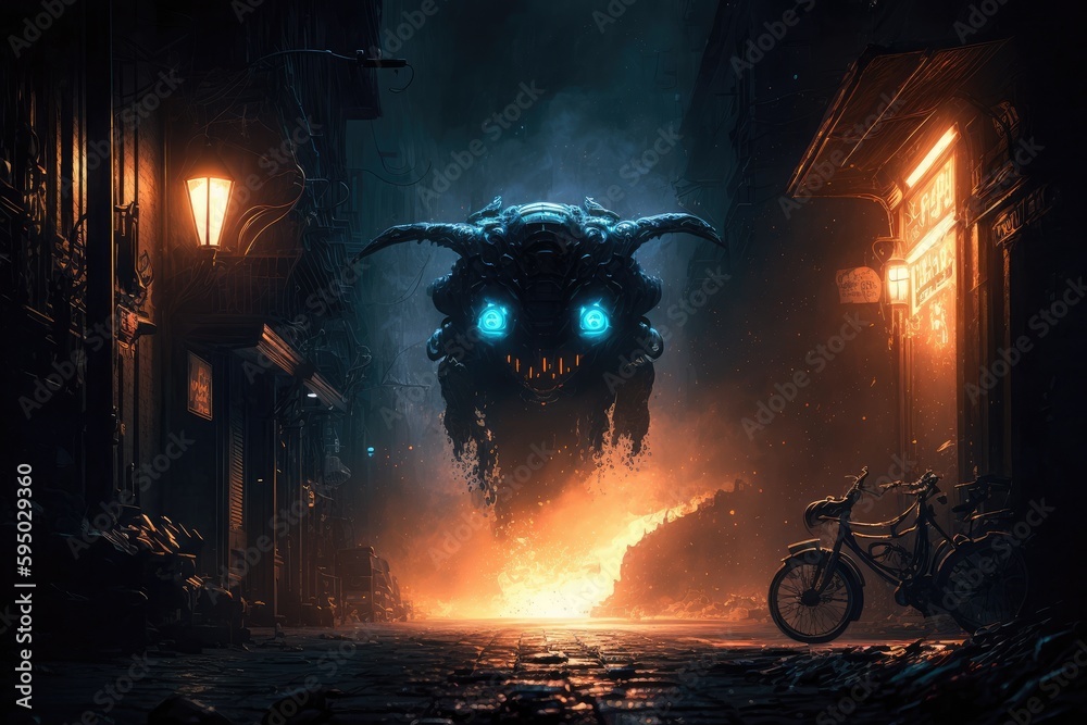 Sticker alien blaster running through dark and mysterious alleyway in the night, created with generative ai